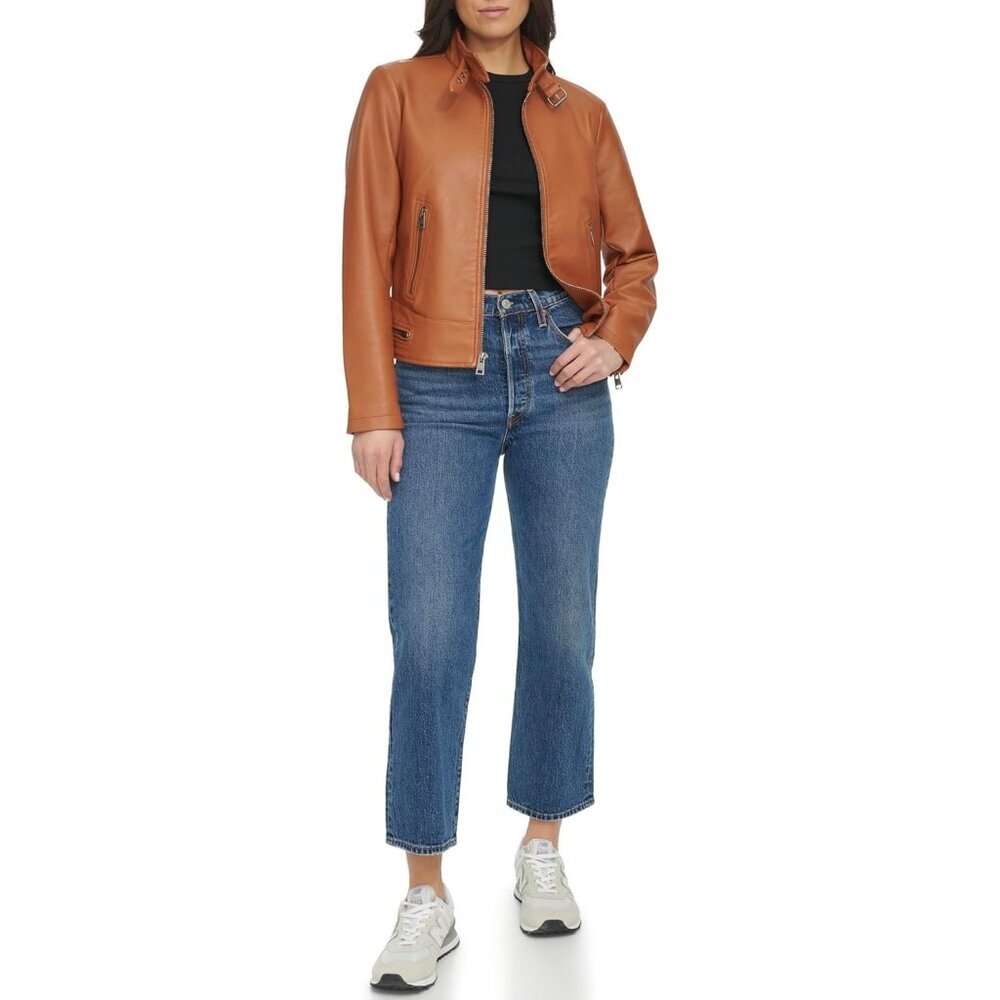 Women's Mocha Latch Collar Imported Faux Leather Motocross Zip-Up Racer Jacket